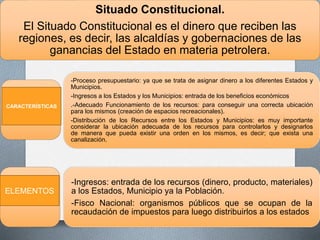 Situado Constitucional.
El Situado Constitucional es el dinero que reciben las
regiones, es decir, las alcaldías y gobernaciones de las
ganancias del Estado en materia petrolera.
-Proceso presupuestario: ya que se trata de asignar dinero a los diferentes Estados y
Municipios.
-Ingresos a los Estados y los Municipios: entrada de los beneficios económicos
.-Adecuado Funcionamiento de los recursos: para conseguir una correcta ubicación
para los mismos (creación de espacios recreacionales).
-Distribución de los Recursos entre los Estados y Municipios: es muy importante
considerar la ubicación adecuada de los recursos para controlarlos y designarlos
de manera que pueda existir una orden en los mismos, es decir; que exista una
canalización.
-Ingresos: entrada de los recursos (dinero, producto, materiales)
a los Estados, Municipio ya la Población.
-Fisco Nacional: organismos públicos que se ocupan de la
recaudación de impuestos para luego distribuirlos a los estados
CARACTERÍSTICAS
ELEMENTOS
 