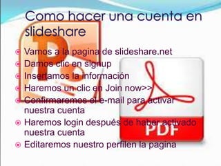 Vamos a la pagina de slideshare.net
 Damos clic en signup
 Insertamos la información
 Haremos un clic en Join now>>
 Confirmaremos el e-mail para activar
nuestra cuenta
 Haremos login después de haber activado
nuestra cuenta
 Editaremos nuestro perfilen la pagina
 