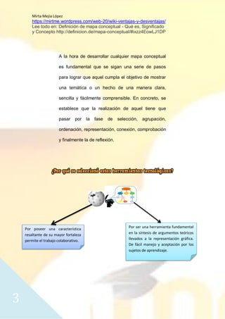 Mirta Mejía López
https://mirtme.wordpress.com/web-20/wiki-ventajas-y-desventajas/
Lee todo en: Definición de mapa conceptual - Qué es, Significado
y Concepto http://definicion.de/mapa-conceptual/#ixzz4EowLJ1DP
3
A la hora de desarrollar cualquier mapa conceptual
es fundamental que se sigan una serie de pasos
para lograr que aquel cumpla el objetivo de mostrar
una temática o un hecho de una manera clara,
sencilla y fácilmente comprensible. En concreto, se
establece que la realización de aquel tiene que
pasar por la fase de selección, agrupación,
ordenación, representación, conexión, comprobación
y finalmente la de reflexión.
Por poseer una característica
resaltante de su mayor fortaleza
permite el trabajo colaborativo.
Por ser una herramienta fundamental
en la síntesis de argumentos teóricos
llevados a la representación gráfica.
De fácil manejo y aceptación por los
sujetos de aprendizaje.
 