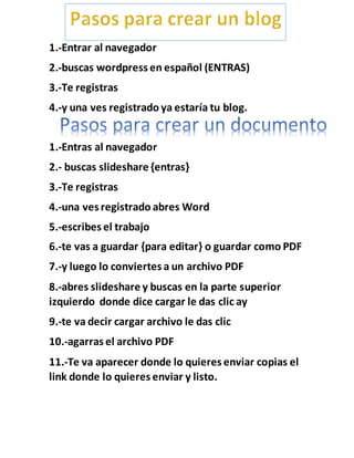 1.-Entrar al navegador
2.-buscas wordpress en español (ENTRAS)
3.-Te registras
4.-y una ves registrado ya estaría tu blog.
1.-Entras al navegador
2.- buscas slideshare {entras}
3.-Te registras
4.-una ves registrado abres Word
5.-escribes el trabajo
6.-te vas a guardar {para editar} o guardar como PDF
7.-y luego lo conviertes a un archivo PDF
8.-abres slideshare y buscas en la parte superior
izquierdo donde dice cargar le das clic ay
9.-te va decir cargar archivo le das clic
10.-agarras el archivo PDF
11.-Te va aparecer donde lo quieres enviar copias el
link donde lo quieres enviar y listo.
 