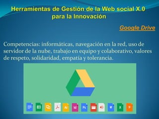Google Drive
Competencias: informáticas, navegación en la red, uso de
servidor de la nube, trabajo en equipo y colaborativo, valores
de respeto, solidaridad, empatía y tolerancia.
 