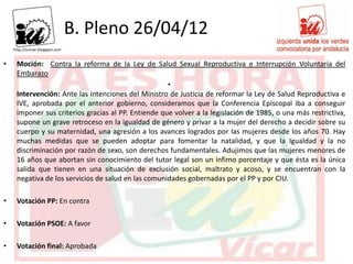 B. Pleno 26/04/12
•   Moción: Contra la reforma de la Ley de Salud Sexual Reproductiva e Interrupción Voluntaria del
    Embarazo
                                                    •
    Intervención: Ante las intenciones del Ministro de Justicia de reformar la Ley de Salud Reproductiva e
    IVE, aprobada por el anterior gobierno, consideramos que la Conferencia Episcopal iba a conseguir
    imponer sus criterios gracias al PP. Entiende que volver a la legislación de 1985, o una más restrictiva,
    supone un grave retroceso en la igualdad de género y privar a la mujer del derecho a decidir sobre su
    cuerpo y su maternidad, una agresión a los avances logrados por las mujeres desde los años 70. Hay
    muchas medidas que se pueden adoptar para fomentar la natalidad, y que la Igualdad y la no
    discriminación por razón de sexo, son derechos fundamentales. Adujimos que las mujeres menores de
    16 años que abortan sin conocimiento del tutor legal son un ínfimo porcentaje y que ésta es la única
    salida que tienen en una situación de exclusión social, maltrato y acoso, y se encuentran con la
    negativa de los servicios de salud en las comunidades gobernadas por el PP y por CIU.

•   Votación PP: En contra

•   Votación PSOE: A favor

•   Votación final: Aprobada
 