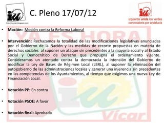C. Pleno 17/07/12
•   Moción: Moción contra la Reforma Laboral

•   Intervención: Rechazamos la totalidad de las modificaciones legislativas anunciadas
    por el Gobierno de la Nación y las medidas de recorte propuestas en materia de
    derechos sociales al suponer un ataque sin precedentes a la mayoría social y al Estado
    Social y Democrático de Derecho que propugna el ordenamiento vigente.
    Consideramos un atentado contra la democracia la intención del Gobierno de
    modificar la Ley de Bases de Régimen Local (LBRL), al suponer la eliminación del
    autogobierno de las administraciones locales y generar una injerencia sin precedentes
    en las competencias de los Ayuntamientos, al tiempo que exigimos una nueva Ley de
    Financiación Local.

•   Votación PP: En contra

•   Votación PSOE: A favor

•   Votación final: Aprobada
 