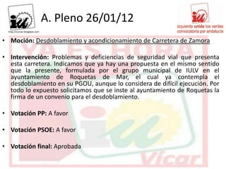 A. Pleno 26/01/12
• Moción: Desdoblamiento y acondicionamiento de Carretera de Zamora

• Intervención: Problemas y deficiencias de seguridad vial que presenta
  esta carretera. Indicamos que ya hay una propuesta en el mismo sentido
  que la presente, formulada por el grupo municipal de IULV en el
  ayuntamiento de Roquetas de Mar, el cual ya contempla el
  desdoblamiento en su PGOU, aunque lo considera de difícil ejecución. Por
  todo lo expuesto solicitamos que se inste al ayuntamiento de Roquetas la
  firma de un convenio para el desdoblamiento.

• Votación PP: A favor

• Votación PSOE: A favor

• Votación final: Aprobada
 