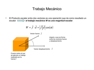 Trabajo Mecánico
• El Producto escalar entre dos vectores es una operación que da como resultado un
escalar el trabajo mecánico W es una magnitud escalar.
( )αcosdfdfW

=⋅=
Vector fuerza f

Vector desplazamiento
Cuerpo sobre el que
se ejecuta un trabajo
realizado por la
fuerza f
α
ángulo α que se forma
entre los vectores fuerza
y desplazamiento
d

 