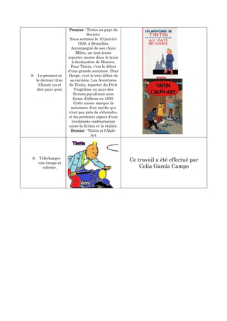Premier : Tintin au pays de
                                   Soviets-
                        Nous sommes le 10 janvier
                              1929, à Bruxelles.
                         Accompagné de son chien
                             Milou, un tout jeune
                       reporter monte dans le train
                          à destination de Moscou.
                         Pour Tintin, c'est le début
                       d'une grande aventure. Pour
8. Le premier et       Hergé, c'est le vrai début de
   le dernier titre.     sa carrière. Les Aventures
    Choisir un et       de Tintin, reporter du Petit
   dire pour quoi.          Vingtième au pays des
                           Soviets paraîtront sous
                           forme d'album en 1930.
                           Cette année marque la
                         naissance d'un mythe qui
                       n'est pas près de s'éteindre,
                       et les premiers signes d'une
                          troublante confrontation
                        entre la fiction et la réalité.
                         Dernier : Tintin et l’Alph-
                                      Art




9. Télécharger
   une image et
                                                          Ce travail a été effectué par
     colorier.                                                Celia García Campo
 