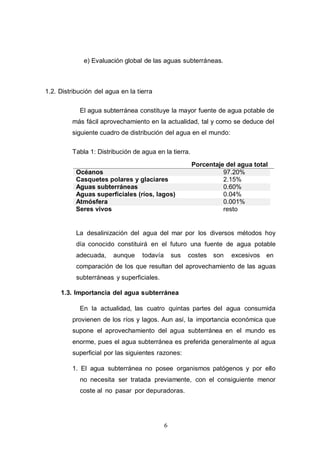 6
e) Evaluación global de las aguas subterráneas.
1.2. Distribución del agua en la tierra
El agua subterránea constituye la mayor fuente de agua potable de
más fácil aprovechamiento en la actualidad, tal y como se deduce del
siguiente cuadro de distribución del agua en el mundo:
Tabla 1: Distribución de agua en la tierra.
Porcentaje del agua total
Océanos 97.20%
Casquetes polares y glaciares 2.15%
Aguas subterráneas 0.60%
Aguas superficiales (ríos, lagos) 0.04%
Atmósfera 0.001%
Seres vivos resto
La desalinización del agua del mar por los diversos métodos hoy
día conocido constituirá en el futuro una fuente de agua potable
adecuada, aunque todavía sus costes son excesivos en
comparación de los que resultan del aprovechamiento de las aguas
subterráneas y superficiales.
1.3. Importancia del agua subterránea
En la actualidad, las cuatro quintas partes del agua consumida
provienen de los ríos y lagos. Aun así, la importancia económica que
supone el aprovechamiento del agua subterránea en el mundo es
enorme, pues el agua subterránea es preferida generalmente al agua
superficial por las siguientes razones:
1. El agua subterránea no posee organismos patógenos y por ello
no necesita ser tratada previamente, con el consiguiente menor
coste al no pasar por depuradoras.
 
