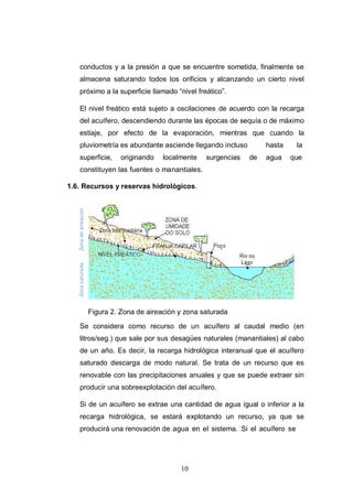10
ZonasaturadaZonadeaireación
conductos y a la presión a que se encuentre sometida, finalmente se
almacena saturando todos los orificios y alcanzando un cierto nivel
próximo a la superficie llamado “nivel freático”.
El nivel freático está sujeto a oscilaciones de acuerdo con la recarga
del acuífero, descendiendo durante las épocas de sequía o de máximo
estiaje, por efecto de la evaporación, mientras que cuando la
pluviometría es abundante asciende llegando incluso hasta la
superficie, originando localmente surgencias de agua que
constituyen las fuentes o manantiales.
1.6. Recursos y reservas hidrológicos.
Figura 2. Zona de aireación y zona saturada
Se considera como recurso de un acuífero al caudal medio (en
litros/seg.) que sale por sus desagües naturales (manantiales) al cabo
de un año. Es decir, la recarga hidrológica interanual que el acuífero
saturado descarga de modo natural. Se trata de un recurso que es
renovable con las precipitaciones anuales y que se puede extraer sin
producir una sobreexplotación del acuífero.
Si de un acuífero se extrae una cantidad de agua igual o inferior a la
recarga hidrológica, se estará explotando un recurso, ya que se
producirá una renovación de agua en el sistema. Si el acuífero se
 