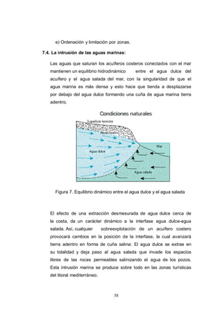 38
e) Ordenación y limitación por zonas.
7.4. La intrusión de las aguas marinas:
Las aguas que saturan los acuíferos costeros conectados con el mar
mantienen un equilibrio hidrodinámico entre el agua dulce del
acuífero y el agua salada del mar, con la singularidad de que el
agua marina es más densa y esto hace que tienda a desplazarse
por debajo del agua dulce formando una cuña de agua marina tierra
adentro.
Figura 7. Equilibrio dinámico entre el agua dulce y el agua salada
El efecto de una extracción desmesurada de agua dulce cerca de
la costa, da un carácter dinámico a la interfase agua dulce-agua
salada. Así, cualquier sobreexplotación de un acuífero costero
provocará cambios en la posición de la interfase, la cual avanzará
tierra adentro en forma de cuña salina: El agua dulce se extrae en
su totalidad y deja paso al agua salada que invade los espacios
libres de las rocas permeables salinizando el agua de los pozos.
Esta intrusión marina se produce sobre todo en las zonas turísticas
del litoral mediterráneo.
 