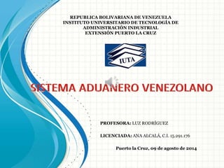 REPUBLICA BOLIVARIANA DE VENEZUELA
INSTITUTO UNIVERSITARIO DE TECNOLOGÍA DE
ADMINISTRACIÓN INDUSTRIAL
EXTENSIÓN PUERTO LA CRUZ
PROFESORA: LUZ RODRÍGUEZ
LICENCIADA: ANA ALCALÁ, C.I. 15.291.176
Puerto la Cruz, 09 de agosto de 2014
 
