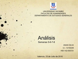 Análisis
Semanas 5-6-7-8
UNIVERSIDAD YACAMBÚ
FACULTAD DE HUMANIDADES
DEPARTAMENTO DE ESTUDIOS GENERALES
ANAIS SILVA
C.I. 12105248
HID-142-00572V
Valencia, 23 de Julio de 2016
 