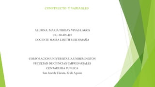 CONSTRUCTO Y VARIABLES
ALUMNA: MARIA TIBISAY VIVAS LAGOS
C.C. 60.405.445
DOCENTE MAIRA LISETH RUIZ OMAÑA
CORPORACION UNIVERSITARIA UNIREMINGTON
FECULTAD DE CIENCIAS EMPRESARIALES
CONTADURIA PUBLICA
San José de Cúcuta, 22 de Agosto
 