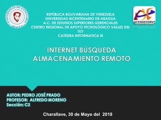 REPÚBLICA BOLIVARIANA DE VENEZUELA
UNIVERSIDAD BICENTENARIO DE ARAGUA
A.C. DE ESTUDIOS SUPERIORES GERENCIALES
CENTRO REGIONAL DE APOYO TECNOLÓGICO VALLES DEL
TUY
CATEDRA INFORMATICA III
Charallave, 30 de Mayo del 2018
 