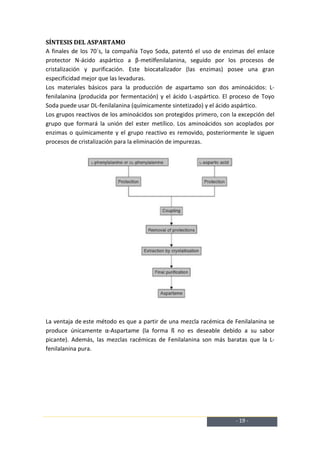 SÍNTESIS DEL ASPARTAMO
A finales de los 70´s, la compañía Toyo Soda, patentó el uso de enzimas del enlace
protector N-ácido aspártico a β-metilfenilalanina, seguido por los procesos de
cristalización y purificación. Este biocatalizador (las enzimas) posee una gran
especificidad mejor que las levaduras.
Los materiales básicos para la producción de aspartamo son dos aminoácidos: L-
fenilalanina (producida por fermentación) y el ácido L-aspártico. El proceso de Toyo
Soda puede usar DL-fenilalanina (químicamente sintetizado) y el ácido aspártico.
Los grupos reactivos de los aminoácidos son protegidos primero, con la excepción del
grupo que formará la unión del ester metílico. Los aminoácidos son acoplados por
enzimas o químicamente y el grupo reactivo es removido, posteriormente le siguen
procesos de cristalización para la eliminación de impurezas.




La ventaja de este método es que a partir de una mezcla racémica de Fenilalanina se
produce únicamente α-Aspartame (la forma ß no es deseable debido a su sabor
picante). Además, las mezclas racémicas de Fenilalanina son más baratas que la L-
fenilalanina pura.




                                                                     - 19 -
 