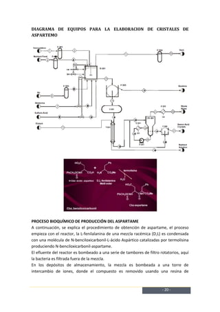 DIAGRAMA DE EQUIPOS PARA LA ELABORACION DE CRISTALES DE
ASPARTEMO




PROCESO BIOQUÍMICO DE PRODUCCIÓN DEL ASPARTAME
A continuación, se explica el procedimiento de obtención de aspartame, el proceso
empieza con el reactor, la L-fenilalanina de una mezcla racémica (D,L) es condensada
con una molécula de N-benciloxicarbonil-L-ácido Aspártico catalizadas por termolisina
produciendo N-benciloxicarbonil-aspartame.
El efluente del reactor es bombeado a una serie de tambores de filtro rotatorios, aquí
la bacteria es filtrada fuera de la mezcla.
En los depósitos de almacenamiento, la mezcla es bombeada a una torre de
intercambio de iones, donde el compuesto es removido usando una resina de



                                                                       - 20 -
 