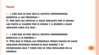 TALLER
1 - ¿ POR QUE SE DICE QUE EL ESPÍRITU EMPRENDEDOR
BENEFICIA A LAS PERSONAS ?
R: POR QUE LAS IMPULSA A SALIR ADELANTE POR SI MISMA
LAS INCITA A VALERSE POR SI MISMA Y A QUERER A SALIR
ADELANTE CADA DÍA MAS .
2 - ¿ POR QUE SE DICE QUE EL ESPÍRITU EMPRENDEDOR
BENEFICIA A LA EMPRESA ?
R: POR QUE SI TODAS LAS PERSONAS TIENEN GANAS DE SALIR
ADELANTE ENTONCES PONDRÁN MAS ESMERO Y SE
ESFORZARAN MAS Y TODO ESO SE VERA REFLEJADO EN LA
EMPRESA .
 