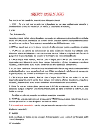 CONCEPTO BÁSICO DE REDES
Que es una red: es cuando los equipos logran intercomunicarse
1. LAN: Es una red que conecta los ordenadores en un área relativamente pequeña y
predeterminada (como una habitación, un edificio, o un conjunto de edificios).
2. WAN
, Red de área ancha.
Las estaciones de trabajo y los ordenadores personales en oficinas normalmente están conectados
en una red LAN, lo que permite que los usuarios envíen o reciban archivos y compartan el acceso a
los archivos y a los datos. Cada ordenador conectado a una LAN se llama un nodo
.3. MAN: es aquella que, a través de una conexión de alta velocidad, puede ser públicas o privadas.
4. WLAN: Es un sistema de comunicación de datos inalámbrico flexible muy utilizado como
alternativa a la LAN cableada o como una extensión de esta. Utiliza tecnología de radiofrecuencia
que permite mayor movilidad a los usuarios al minimizarse las conexiones cableadas
5. CAN: Campus Area Network, Red de Area Campus. Una CAN es una colección de lans
dispersadas geográficamente dentro de un campus (universitario, oficinas de gobierno, maquilas o
industrias) pertenecientes a una misma entidad en una área delimitada en kilómetros.
6. WLAN:Es un sistemade comunicación de datos inalámbrico flexible muy utilizado como alternativa
a la LAN cableada o como una extensión de esta. Utiliza tecnología de radiofrecuencia que permite
mayor movilidad a los usuarios al minimizarse las conexiones cableadas
7 .CAN: Campus Area Network, Red de Area Campus. Una CAN es una colección de lans
dispersadas geográficamente dentro de un campus (universitario, oficinas de gobierno, maquilas o
industrias) pertenecientes a una misma entidad en una área delimitada en kilómetros.
8 .VLAN: Es una red independiente, permite que la PC del alumno como las del docente estén
separadas aunque comparten una misma infraestructura. Se pone un nombre a cada VLAN para
facilitar su manejo.
Se utiliza en redes de pequeños y medianos negocios y empresas.
9. WPAN: Es una red inalámbrica de área personal (WPAN) incluye redes inalámbricas de corto
alcance que abarcan un área de algunas decenas de metros.
B )Los medios de transmisión: son las vías por las cuales se comunican los datos.
Medios de transmisión:
b.1 guiados
Está constituido por cables que se encargan de la conducción y son cable de par trenzado, cable
coaxial, fibra óptica
b.2 no guiados
 