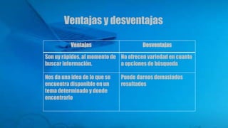 Ventajas y desventajas
Ventajas Desventajas
Son uy rápidos, al momento de
buscar información.
No ofrecen variedad en cuanto
a opciones de búsqueda
Nos da una idea de lo que se
encuentra disponible en un
tema determinado y donde
encontrarlo
Puede darnos demasiados
resultados
 