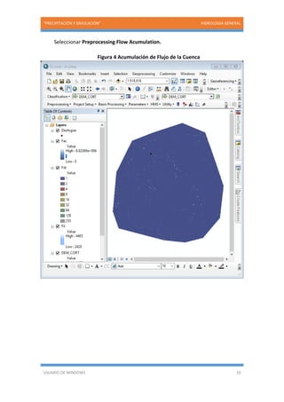“PRECIPITACIÓN Y SIMULACIÓN” HIDROLOGIA GENERAL
USUARIO DE WINDOWS 19
Seleccionar Preprocessing Flow Acumulation.
Figura 4 Acumulación de Flujo de la Cuenca
 