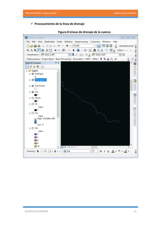 “PRECIPITACIÓN Y SIMULACIÓN” HIDROLOGIA GENERAL
USUARIO DE WINDOWS 23
 Procesamiento de la línea de drenaje
Figura 8 Líneas de drenaje de la cuenca
 