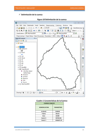 “PRECIPITACIÓN Y SIMULACIÓN” HIDROLOGIA GENERAL
USUARIO DE WINDOWS 26
 Delimitación de la cuenca
Figura 10 Delimitación de la cuenca
Cuadro 1 Características de la Cuenca
CUENCA CHACCO
NOMENCLATURA PARAMETROS
At (Km2) 1108.80
P (Km) 236.42
Zona 18.000
Coord. X 597459.40
Coord. Y 8536675.70
 