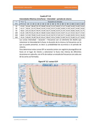 “PRECIPITACIÓN Y SIMULACIÓN” HIDROLOGIA GENERAL
USUARIO DE WINDOWS 35
Cuadro N° 3.9
Intensidades Máximas (mm/hora) – Intensidad – periodo de retorno
T
años
Pmax
24horas
Duración en minutos
10 20 30 40 50 60 70 80 90 100 110 120
10 47,03 81,46 48,44 35,74 28,80 24,36 21,25 18,93 17,12 15,68 14,49 13,49 12,63
20 52,17 90,36 53,73 39,64 31,95 27,02 23,57 21,00 19,00 17,39 16,07 14,96 14,02
50 58,62 101,53 60,37 44,54 35,90 30,37 26,48 23,59 21,34 19,54 18,06 16,81 15,75
100 63,36 109,74 65,25 48,14 38,80 32,82 28,63 25,50 23,07 21,12 19,52 18,17 17,02
200 68,03 117,83 70,06 51,69 41,66 35,24 30,74 27,38 24,77 22,68 20,95 19,51 18,28
500 74,16 128,45 76,38 56,35 45,41 38,42 33,51 29,85 27,00 24,72 22,84 21,27 19,92
Las curvas intensidad – duración – frecuencia son un elemento de diseño que
relacionan la intensidad de la lluvia, la duración de la misma y la frecuencia con la
que se puede presentar, es decir su probabilidad de ocurrencia o el periodo de
retorno.
Para determinar estas curvas IDF se necesita contar con registros pluviográficos de
lluvia en el lugar de interés y seleccionar la lluvia más intensa de diferentes
duraciones en cada año, con el fin de realizar un estudio de frecuencia con cada una
de las series así formadas.
Figura N° 3.2 curvas I-D-F
0.00
20.00
40.00
60.00
80.00
100.00
120.00
140.00
0 20 40 60 80 100 120
INTENSIDAD(mm/hor)
DURACION (min)
CURVA DE I - D - F
T 10 años T 20 años T 50 años
 