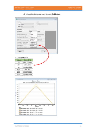 “PRECIPITACIÓN Y SIMULACIÓN” HIDROLOGIA GENERAL
USUARIO DE WINDOWS 65
d) Caudal máximo para un tiempo: T=20 años
* Calculo Manual
T (Años) Q (m3/s)
10 961.123317
20 1041.5943
50 1158.40289
100 1255.3913
200 1360.50015
500 1513.07214
 