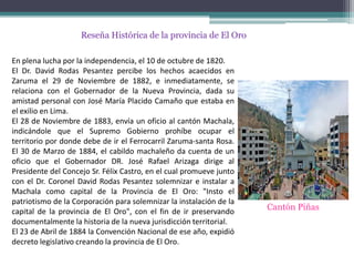 Reseña Histórica de la provincia de El Oro

En plena lucha por la independencia, el 10 de octubre de 1820.
El Dr. David Rodas Pesantez percibe los hechos acaecidos en
Zaruma el 29 de Noviembre de 1882, e inmediatamente, se
relaciona con el Gobernador de la Nueva Provincia, dada su
amistad personal con José María Placido Camaño que estaba en
el exilio en Lima.
El 28 de Noviembre de 1883, envía un oficio al cantón Machala,
indicándole que el Supremo Gobierno prohíbe ocupar el
territorio por donde debe de ir el Ferrocarril Zaruma-santa Rosa.
El 30 de Marzo de 1884, el cabildo machaleño da cuenta de un
oficio que el Gobernador DR. José Rafael Arizaga dirige al
Presidente del Concejo Sr. Félix Castro, en el cual promueve junto
con el Dr. Coronel David Rodas Pesantez solemnizar e instalar a
Machala como capital de la Provincia de El Oro: "Insto el
patriotismo de la Corporación para solemnizar la instalación de la
capital de la provincia de El Oro", con el fin de ir preservando     Cantón Piñas
documentalmente la historia de la nueva jurisdicción territorial.
El 23 de Abril de 1884 la Convención Nacional de ese año, expidió
decreto legislativo creando la provincia de El Oro.
 