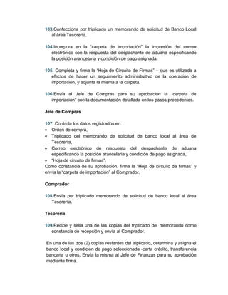 103.Confecciona por triplicado un memorando de solicitud de Banco Local
   al área Tesorería.

104.Incorpora en la “carpeta de importación” la impresión del correo
   electrónico con la respuesta del despachante de aduana especificando
   la posición arancelaria y condición de pago asignada.

105. Completa y firma la “Hoja de Circuito de Firmas” – que es utilizada a
   efectos de hacer un seguimiento administrativo de la operación de
   importación, y adjunta la misma a la carpeta.

106.Envía al Jefe de Compras para su aprobación la “carpeta de
   importación” con la documentación detallada en los pasos precedentes.

Jefe de Compras

107. Controla los datos registrados en:
• Orden de compra,
• Triplicado del memorando de solicitud de banco local al área de
   Tesorería,
• Correo electrónico de respuesta del despachante de aduana
   especificando la posición arancelaria y condición de pago asignada,
• “Hoja de circuito de firmas”.
Como constancia de su aprobación, firma la “Hoja de circuito de firmas” y
envía la “carpeta de importación” al Comprador.

Comprador

108.Envía por triplicado memorando de solicitud de banco local al área
   Tesorería.

Tesorería

109.Recibe y sella una de las copias del triplicado del memorando como
   constancia de recepción y envía al Comprador.

En una de las dos (2) copias restantes del triplicado, determina y asigna el
banco local y condición de pago seleccionada -carta crédito, transferencia
bancaria u otros. Envía la misma al Jefe de Finanzas para su aprobación
mediante firma.
 
