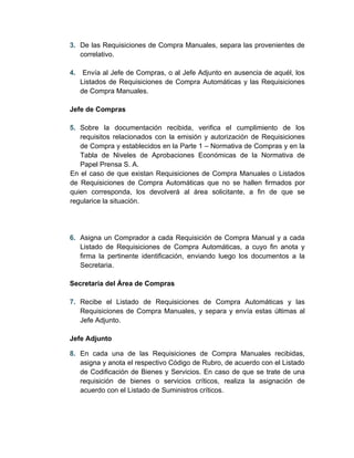 3. De las Requisiciones de Compra Manuales, separa las provenientes de
   correlativo.

4.    Envía al Jefe de Compras, o al Jefe Adjunto en ausencia de aquél, los
     Listados de Requisiciones de Compra Automáticas y las Requisiciones
     de Compra Manuales.

Jefe de Compras

5. Sobre la documentación recibida, verifica el cumplimiento de los
   requisitos relacionados con la emisión y autorización de Requisiciones
   de Compra y establecidos en la Parte 1 – Normativa de Compras y en la
   Tabla de Niveles de Aprobaciones Económicas de la Normativa de
   Papel Prensa S. A.
En el caso de que existan Requisiciones de Compra Manuales o Listados
de Requisiciones de Compra Automáticas que no se hallen firmados por
quien corresponda, los devolverá al área solicitante, a fin de que se
regularice la situación.




6. Asigna un Comprador a cada Requisición de Compra Manual y a cada
   Listado de Requisiciones de Compra Automáticas, a cuyo fin anota y
   firma la pertinente identificación, enviando luego los documentos a la
   Secretaria.

Secretaria del Área de Compras

7. Recibe el Listado de Requisiciones de Compra Automáticas y las
   Requisiciones de Compra Manuales, y separa y envía estas últimas al
   Jefe Adjunto.

Jefe Adjunto

8. En cada una de las Requisiciones de Compra Manuales recibidas,
   asigna y anota el respectivo Código de Rubro, de acuerdo con el Listado
   de Codificación de Bienes y Servicios. En caso de que se trate de una
   requisición de bienes o servicios críticos, realiza la asignación de
   acuerdo con el Listado de Suministros críticos.
 