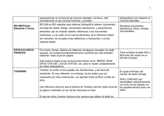 7
especialmente en el área de las ciencias naturales y la física, más
recientemente en las ciencias humanas y sociales.
bibliográficos con respecto al
Ciencias Naturales.
ISO 690 Primer
Elemento Y Fecha
ISO 690 es ISO estándar para referirse bibliográfico adentro documentos
de todas las clases. Incluye documentos electrónicos, y especifica los
elementos que se incluirán adentro referencias a los documentos
publicados, y a la orden en la cual los elementos de la referencia deben
ser indicados. No se aplica a las referencias a manuscritos o el otro
material inédito.
Recolecta documentos
electrónicos, libros, revistas,
documentales
ESTILO CLÁSICO
FRANCÉS:
Por mucho tiempo, debido a la influencia de algunos manuales de estilo
europeo, los académicos latinoamericanos escribían las citas textuales
utilizando notas al pie de página.
Este sistema exigía el uso de locuciones latinas como: IBIDEM, IDEM,
OPUS CITATUM, LOCUS CITATUS, etc. para no repetir constantemente
los datos bibliográficos.
Tiene similitud al estilo APA y
MLA pero fue usado en un
formato Europeo.
TURABIAN
Turabian se centra en los papeles, las disertaciones, y las tesis del
estudiante. Es muy diferente, sin embargo, de los estilos que son
endosados por otras instituciones, por ejemplo Estilo de MLA y Estilo de
APA.
Una diferencia obvia es que el sistema de Turabian permite notas al pie de
la página o endnotes en vez de las citaciones en línea
El ese ser dicho, muchos diarios en los campos que utilizan el estilo de
Es igual al formato del
manual del estilo chicago.
APA y CHICAGO son
desarrollado específicamente
con el fin de ser utilizado en
los papeles escritos para una
clase
 