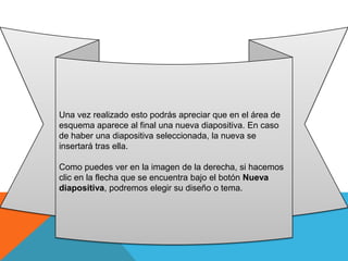 Una vez realizado esto podrás apreciar que en el área de
esquema aparece al final una nueva diapositiva. En caso
de haber una diapositiva seleccionada, la nueva se
insertará tras ella.
Como puedes ver en la imagen de la derecha, si hacemos
clic en la flecha que se encuentra bajo el botón Nueva
diapositiva, podremos elegir su diseño o tema.

 