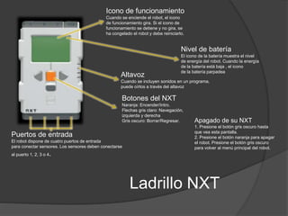 Icono de funcionamiento 
Cuando se enciende el robot, el icono 
de funcionamiento gira. Si el icono de 
funcionamiento se detiene y no gira, se 
ha congelado el robot y debe reiniciarlo. 
Nivel de batería 
El icono de la batería muestra el nivel 
de energía del robot. Cuando la energía 
de la batería está baja , el icono 
de la batería parpadea Altavoz 
Cuando se incluyen sonidos en un programa, 
puede oírlos a través del altavoz 
Botones del NXT 
Naranja: Encender/Intro. 
Flechas gris claro: Navegación, 
izquierda y derecha 
Gris oscuro: Borrar/Regresar. 
Ladrillo NXT 
Puertos de entrada 
El robot dispone de cuatro puertos de entrada 
para conectar sensores. Los sensores deben conectarse 
al puerto 1, 2, 3 o 4. 
Apagado de su NXT 
1. Presione el botón gris oscuro hasta 
que vea esta pantalla. 
2. Presione el botón naranja para apagar 
el robot. Presione el botón gris oscuro 
para volver al menú principal del robot. 
 