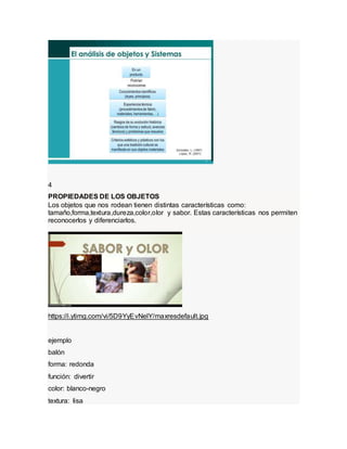 4
PROPIEDADES DE LOS OBJETOS
Los objetos que nos rodean tienen distintas características como:
tamaño,forma,textura,dureza,color,olor y sabor. Estas características nos permiten
reconocerlos y diferenciarlos.
https://i.ytimg.com/vi/5D9YyEvNelY/maxresdefault.jpg
ejemplo
balón
forma: redonda
función: divertir
color: blanco-negro
textura: lisa
 