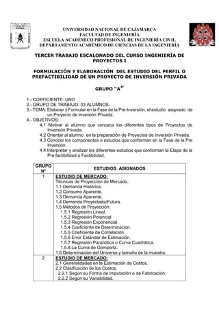 UNIVERSIDAD NACIONAL DE CAJAMARCA 
FACULTAD DE INGENIERÍA 
ESCUELA ACADÉMICO PROFESIONAL DE INGENIERÍA CIVIL 
DEPARTAMENTO ACADÉMICO DE CIENCIAS DE LA INGENIERÍA 
TERCER TRABAJO ESCALONADO DEL CURSO INGENIERÍA DE 
PROYECTOS I 
FORMULACIÓN Y ELABORACIÓN DEL ESTUDIO DEL PERFIL O 
PREFACTIBILIDAD DE UN PROYECTO DE INVERSIÓN PRIVADA 
GRUPO “A” 
1.- COEFICIENTE: UNO 
2.- GRUPO DE TRABAJO: 03 ALUMNOS. 
3.- TEMA: Elaborar y Formular en la Fase de la Pre-Inversión, el estudio asignado de 
un Proyecto de Inversión Privada. 
4.- OBJETIVOS: 
4.1 Motivar al alumno que conozca los diferentes tipos de Proyectos de 
Inversión Privada. 
4.2 Orientar al alumno en la preparación de Proyectos de Inversión Privada. 
4.3 Conocer los componentes o estudios que conforman en la Fase de la Pre 
Inversión. 
4.4 Interpretar y analizar los diferentes estudios que conforman la Etapa de la 
Pre factibilidad o Factibilidad. 
GRUPO 
N° 
ESTUDIOS ASIGNADOS 
1 ESTUDIO DE MERCADO: 
Técnicas de Proyección de Mercado. 
1.1 Demanda Histórica. 
1.2 Consumo Aparente. 
1.3 Demanda Aparente. 
1.4 Demanda Proyectada/Futura. 
1.5 Métodos de Proyección. 
1.5.1 Regresión Lineal. 
1.5.2 Regresión Potencial. 
1.5.3 Regresión Exponencial. 
1.5.4 Coeficiente de Determinación. 
1.5.5 Coeficiente de Correlación. 
1.5.6 Error Estándar de Estimación. 
1.5.7 Regresión Parabólica o Curva Cuadrática. 
1.5.8 La Curva de Gomportz. 
1.6 Determinación del Universo y tamaño de la muestra. 
2 ESTUDIO DE MERCADO: 
2.1 Generalidades en la Estimación de Costos. 
2.2 Clasificación de los Costos. 
2.2.1 Según su Forma de Imputación o de Fabricación. 
2.2.2 Según su Variabilidad. 
 