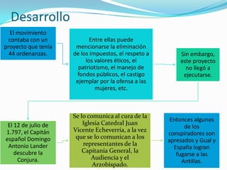 Desarrollo
  El movimiento
  contaba con un            Entre ellas puede
proyecto que tenía    mencionarse la eliminación
  44 ordenanzas.     de los impuestos, el respeto a       Sin embargo,
                          los valores éticos, el          este proyecto
                       patriotismo, el manejo de            no llegó a
                      fondos públicos, el castigo          ejecutarse.
                      ejemplar por la ofensa a las
                              mujeres, etc.



                     Se lo comunica al cura de la
                                                       Entonces algunos
 El 12 de julio de       Iglesia Catedral Juan
                                                            de los
1.797, el Capitán    Vicente Echeverría, a la vez
                                                      conspiradores son
español Domingo       que se lo comunican a los
                                                      apresados y Gual y
 Antonio Lander          representantes de la
                                                        España logran
    descubre la          Capitanía General, la
                                                         fugarse a las
     Conjura.                Audiencia y el
                                                           Antillas.
                             Arzobispado.
 