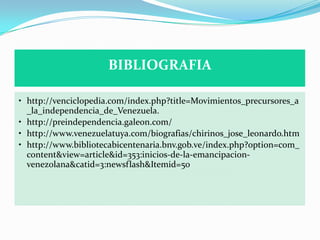 BIBLIOGRAFIA

• http://venciclopedia.com/index.php?title=Movimientos_precursores_a
  _la_independencia_de_Venezuela.
• http://preindependencia.galeon.com/
• http://www.venezuelatuya.com/biografias/chirinos_jose_leonardo.htm
• http://www.bibliotecabicentenaria.bnv.gob.ve/index.php?option=com_
  content&view=article&id=353:inicios-de-la-emancipacion-
  venezolana&catid=3:newsflash&Itemid=50
 