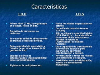 Características    J.D.P   J.D.S Primer nivel (2 Mb/s) organizado en octetos. Resto en bits. Duración de las tramas no uniforme. Se necesita señal de alineamiento de tramas a todos los niveles. Baja capacidad de supervisión y canales de servicio. Ausencia de gestión de Red. Equipos de línea no estandarizados, incompatibilidad entre suministradores. Rigidez en la multiplexación. Todos los niveles organizados en octetos. Duración de todas las tramas :125useg Sólo se alinea la velocidad básica  (155.520 Kb/s ). Para identificar las tramas de los tributarios y adaptar la velocidad (Justificación) se utilizan Punteros Gran capacidad de transporte de información adicional para supervisión, operación, monitorización y gestión. Normalización a todos los niveles. Compatibilidad de equipos. Flexibilidad en la multiplexación, acceso sin necesidad de multiplexar. 