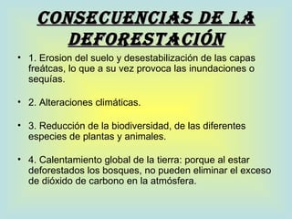 CONsECUENCIAs DE LA
       DEFOREsTACIÓN
• 1. Erosion del suelo y desestabilización de las capas
  freátcas, lo que a su vez provoca las inundaciones o
  sequías.

• 2. Alteraciones climáticas.

• 3. Reducción de la biodiversidad, de las diferentes
  especies de plantas y animales.

• 4. Calentamiento global de la tierra: porque al estar
  deforestados los bosques, no pueden eliminar el exceso
  de dióxido de carbono en la atmósfera.
 
