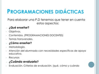 PROGRAMACIONES DIDÁCTICAS
Para elaborar una P.D tenemos que tener en cuenta
estos aspectos:
o ¿Qué enseñar?
• Objetivos.
• Contenidos. (PROGRAMACIONES DOCENTES)
• Temas transversales.
o ¿Cómo enseñar?
• Metodología.
• Atención del alumnado con necesidades específicas de apoyo
educativo.
• Recursos
o ¿Cuándo evaluarlo?
• Evaluación. Criterios de evaluación. (qué, cómo y cuándo
 