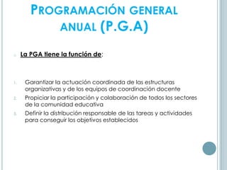 PROGRAMACIÓN GENERAL
ANUAL (P.G.A)
o La PGA tiene la función de:
1. Garantizar la actuación coordinada de las estructuras
organizativas y de los equipos de coordinación docente
2. Propiciar la participación y colaboración de todos los sectores
de la comunidad educativa
3. Definir la distribución responsable de las tareas y actividades
para conseguir los objetivos establecidos
 