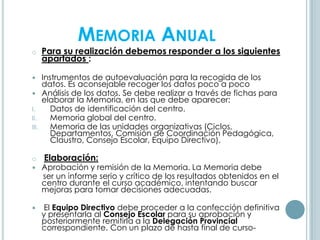 MEMORIA ANUAL
o Para su realización debemos responder a los siguientes
apartados :
 Instrumentos de autoevaluación para la recogida de los
datos. Es aconsejable recoger los datos poco a poco
 Análisis de los datos. Se debe realizar a través de fichas para
elaborar la Memoria, en las que debe aparecer:
I. Datos de identificación del centro.
II. Memoria global del centro.
III. Memoria de las unidades organizativas (Ciclos,
Departamentos, Comisión de Coordinación Pedagógica,
Claustro, Consejo Escolar, Equipo Directivo).
o Elaboración:
 Aprobación y remisión de la Memoria. La Memoria debe
ser un informe serio y crítico de los resultados obtenidos en el
centro durante el curso académico, intentando buscar
mejoras para tomar decisiones adecuadas.
 El Equipo Directivo debe proceder a la confección definitiva
y presentarla al Consejo Escolar para su aprobación y
posteriormente remitirla a la Delegación Provincial
correspondiente. Con un plazo de hasta final de curso-
 