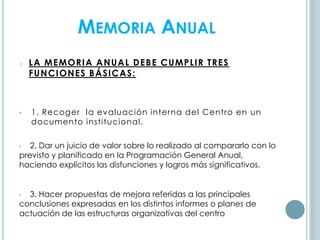 MEMORIA ANUAL
o LA MEMORIA ANUAL DEBE CUMPLIR TRES
FUNCIONES BÁSICAS:
• 1. Recoger la evaluación interna del Centro en un
documento institucional.
• 2. Dar un juicio de valor sobre lo realizado al compararlo con lo
previsto y planificado en la Programación General Anual,
haciendo explícitos las disfunciones y logros más significativos.
• 3. Hacer propuestas de mejora referidas a las principales
conclusiones expresadas en los distintos informes o planes de
actuación de las estructuras organizativas del centro
 