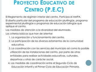 PROYECTO EDUCATIVO DE
CENTRO (P.E.C)
- El Reglamento de régimen interior del centro. Participa el AMPA.
- El diseño particular del programa de educación plurilingüe, programa
experimental plurilingüe o programas de educación bilingüe que
aplique el centro.
- Las medidas de atención a la diversidad del alumnado.
- Los criterios básicos que han de orientar:
1. La organización y funcionamiento del centro.
2. La participación de los diversos estamentos de la comunidad
educativa.
3. La coordinación con los servicios del municipio así como la posible
utilización de las instalaciones del centro, por parte de otras
entidades para realizar actividades educativas, culturales,
deportivas u otras de carácter social.
4. Las medidas de coordinación entre el Segundo Ciclo de
Educación Infantil y el Primer Ciclo de Educación Primaria.
 