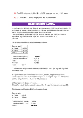 B) Z= -2.33 entonces -2.33=(12 - µ)/0.03 despejando µ = 12 .07 onzas

   C) – 2.33 = (12-12.05)/ σ despejando σ = 0.0215 onzas


                          DISTRIBUCIÓN GAMMA
1.-El número de pacientes que llegan a la consulta de un médico sigue una distribución
de Poisson de media 3 pacientes por hora. Calcular la probabilidad de que transcurra
menos de una hora hasta la llegada del segundo paciente.
Debe tenerse en cuenta que la variable aleatoria “tiempo que transcurre hasta la
llegada del segundo paciente” sigue una distribución Gamma (6, 2).
Solución:

Cálculo de probabilidades. Distribuciones continuas

Gamma (a p)
a : Escala      60000
p : Forma       20000
Punto X         10000

Cola Izquierda Pr[X<=k]          0,9826
Cola Derecha Pr[X>=k]            0,0174
Media                            0,3333
Varianza                         0,0556
Moda          0,1667

La probabilidad de que transcurra menos de una hora hasta que llegue el segundo
paciente es 0,98.

2.-Suponiendo que el tiempo de supervivencia, en años, de pacientes que son
sometidos a una cierta intervención quirúrgica en un hospital sigue una distribución
Gamma con parámetros a=0,81 y p=7,81, calcúlese:

1. El tiempo medio de supervivencia.
2. Los años a partir de los cuales la probabilidad de supervivencia es menor que 0,1.

Cálculo de probabilidades. Distribuciones continuas

Gamma (a,p)
a : Escala  0,8100
p : Forma   7,8100

Cola Izquierda Pr [X<=k]     0,9000
Cola Derecha Pr [X>=k]       0,1000
Punto X                     14,2429
 