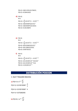 P(X=2) =10(0.1225) (0.274625)
           P(X=2) =0.336415625

       d) P(X=3)
           N=5
           P(X=3) =   )
           P(X=3) =10(0.042875)
           P(X=3) =10(0.042875) (0.4225)
           P(X=3) =0.181146875




       e) P(X=4)
           N=5
           P(X=4) =   )
           P(X=4) =5(0.0150625)
           P(X=4) =5(0.150625) (0.65)
           P(X=4) =0.487703125

       f) P(X=5)
           N=5
           P(X=5) =   )
           P(X=5) =1(5.252187x      )
           P(X=5) =1(5.252187x      ) (1)
           P(X=5) =5.252187x




                          DISTRIBUCIÓN POISSON
1.- Sea X ~ Poisson(4). Determine


a) P(X=1)= e-4 *

P(X=1)= 0.018315638 *

P(X=1)= 0.018315638 * 4

P(X=1)= 0.073262555



b) P(X=0) = e-4 *
 