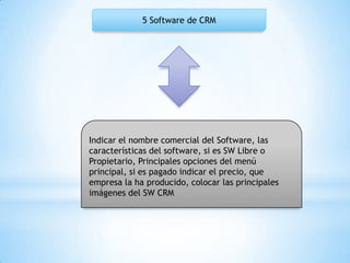 5 Software de CRM
Indicar el nombre comercial del Software, las
características del software, si es SW Libre o
Propietario, Principales opciones del menú
principal, si es pagado indicar el precio, que
empresa la ha producido, colocar las principales
imágenes del SW CRM
 