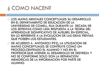 ¿ COMO NACEN?
 LOS MAPAS MENTALES CONCEPTUALES SU DESARROLLO
EN EL DEPARTAMENTO DE EDUCACION DE LA
UNIVERSIDAD DE COMELL, EUA DURANTE LA DECADA DE
LOS SETENTAS COMO UNA RESPUESTA A LA TEORIA DEL
APRENDIZAJE SIGNIFICATIVO DE AUSUBEL EN ESPECIAL,
EN LO REFERENTE A LA EVOLUCION DE LAS IDEAS PREVIAS
QUE POSEEN LOS ESTUDIANTES.
 DE ACUERDO A ANTONIO(1992), LA UTILIZACION DE
MAPAS CONCEPTUALES SE CONTRUYE COMO UN
PROCESO.CENTRADO EL ALUMNO Y NO EN EL
PROFESOR.QUE ATIENDE AL DESARROLLO DE DESTREZA Y
NO SE CONFORME SOLO SON LA REPARACION
MEMORICAS DE LA INFORMACION POR PARTE DE
ALUMNO.
 