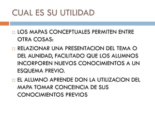 CUAL ES SU UTILIDAD
 LOS MAPAS CONCEPTUALES PERMITEN ENTRE
OTRA COSAS:
 RELAZIONAR UNA PRESENTACION DEL TEMA O
DEL AUNIDAD, FACILITADO QUE LOS ALUMNOS
INCORPOREN NUEVOS CONOCIMIENTOS A UN
ESQUEMA PREVIO.
 EL ALUMNO APRENDE DON LA UTILIZACION DEL
MAPA TOMAR CONCEINCIA DE SUS
CONOCIMIENTOS PREVIOS
 