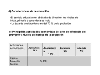 d) Características de la educación
-El servicio educativo en el distrito de Umari en los niveles de
inicial,primaria y secundaria es malo
- La taza de analfabetismo es del 70 % de la población
e) Principales actividades económicas del área de influencia del
proyecto y niveles de ingreso de la población
Actividades
económicas Agricultura
80%
Asalariado
s
10%
Comercio
5%
Industria
5%
Ingreso
Promedio
Familiar
S/ 300
 